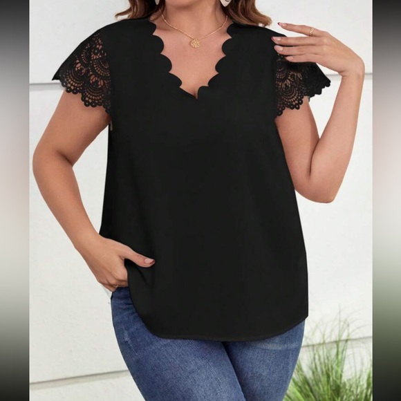 Plus Size Sheer Lace Sleeve Scallop Trim Top Blouse Shirt White - Picture 11 of 16